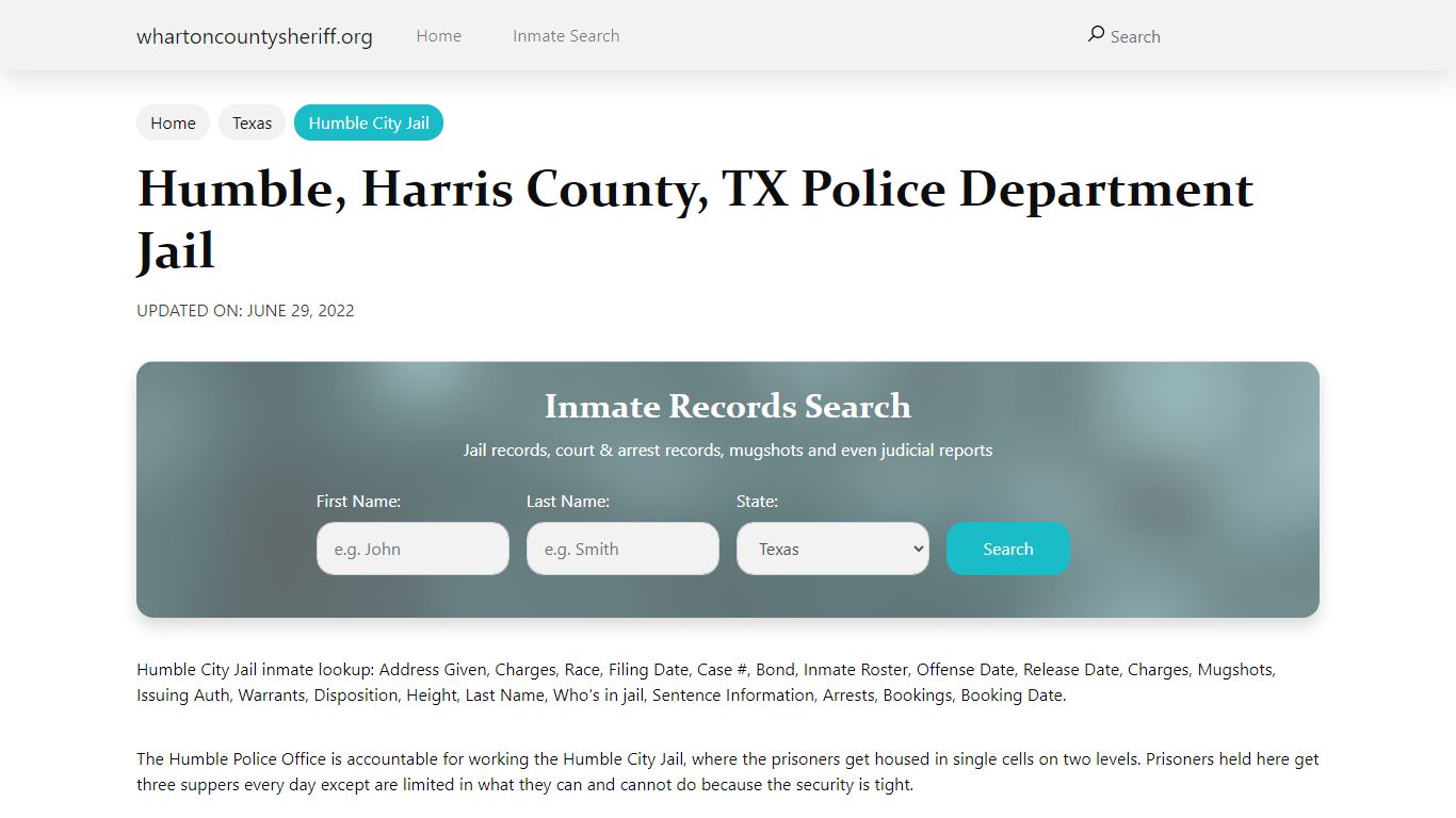 Humble, TX City Jail Inmates, Arrests - Wharton County Sheriff